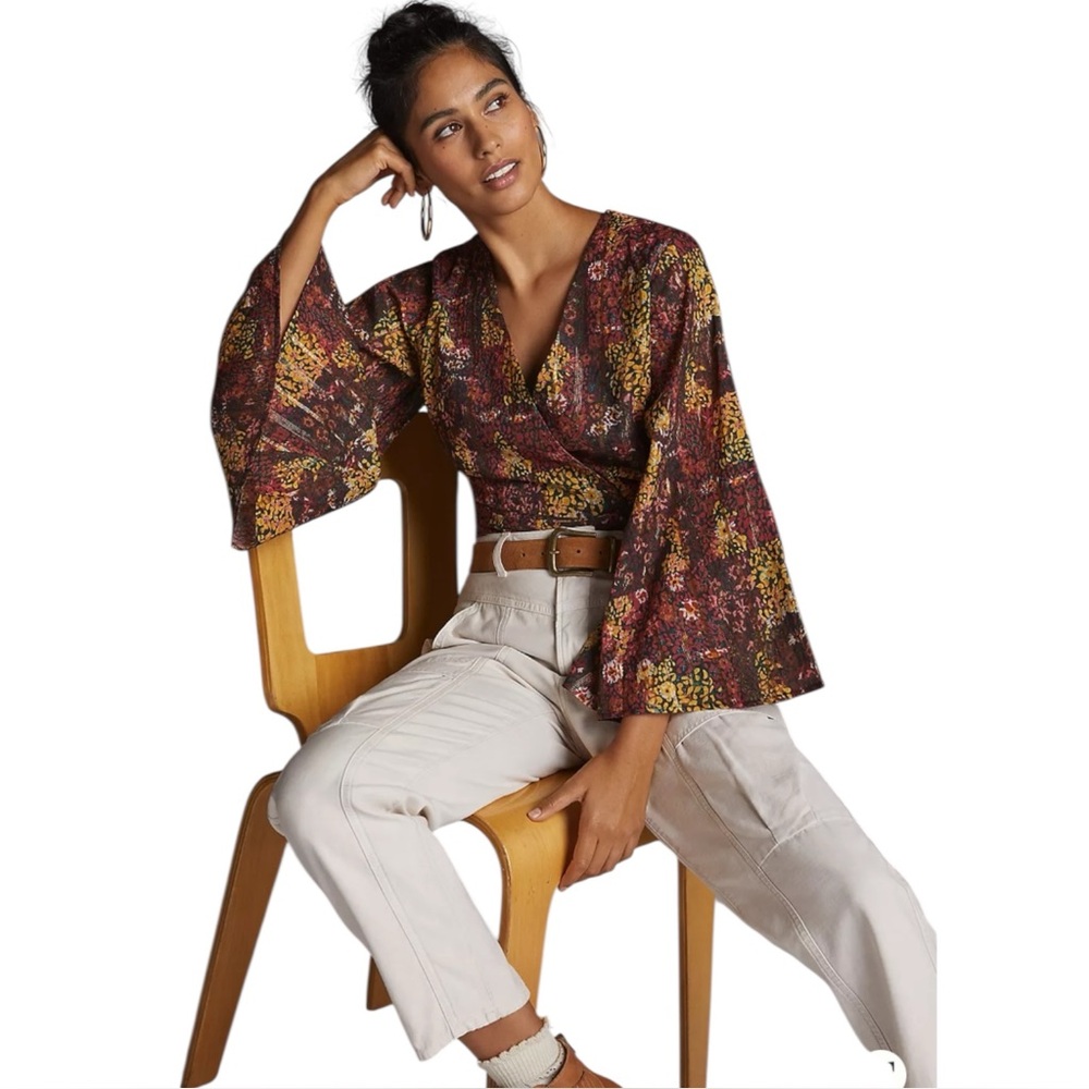Floral Wrap Blouse with Bell Sleeves - Brown/Multi